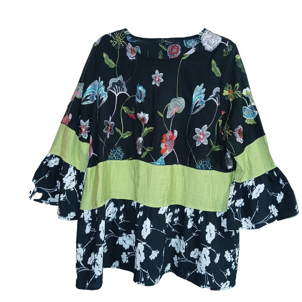 Calessa Embroidered Women Top L Black Floral Art To Wear Mixed Media Botanical